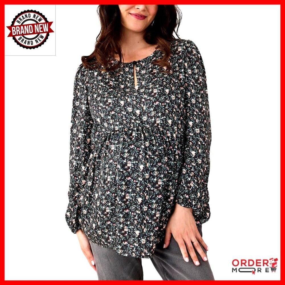 Long Sleeve Empire Waist Keyhole Blouse Maternity Top Woven Fabric
